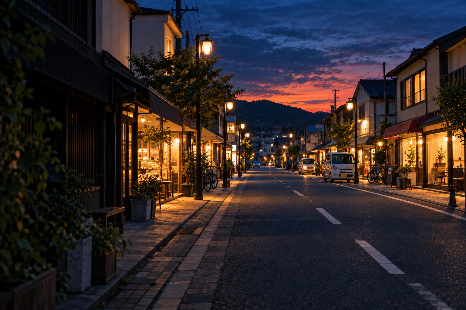 夕暮れの商店街と暖かな店の灯りを表現したイメージ